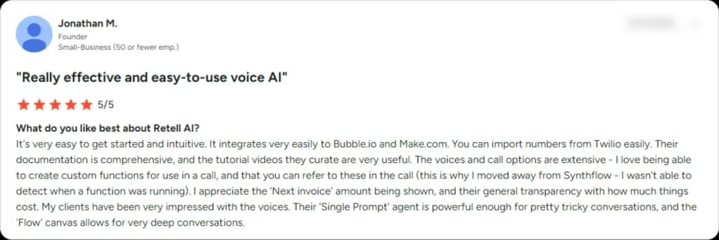Five-star review praising an easy-to-use AI phone answering system and its strong voice AI features.