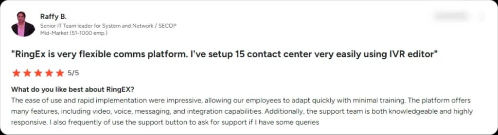 Five-star review from Raffy B. praising a flexible communications platform and easy contact center setup, highlighting features relevant to an AI phone answering system such as IVR editing and rapid implementation.