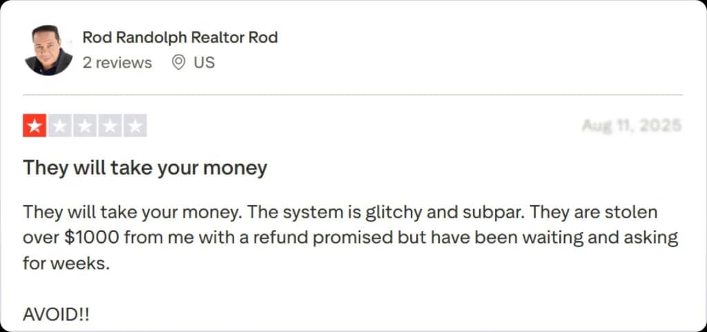 One-star customer review warning about issues and comparing it unfavorably to an AI phone answering system.